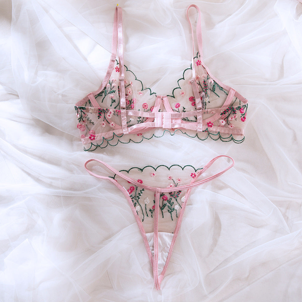Pink Ultra-Thin Single-Layer Mesh Embroidery Underwire Lift Bra Set