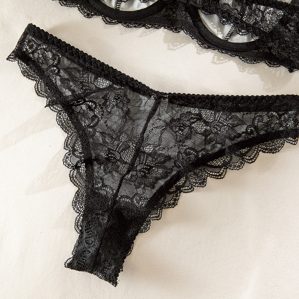 French Lace Splice Leopard Print Underwire Lift Breathable Bra Set