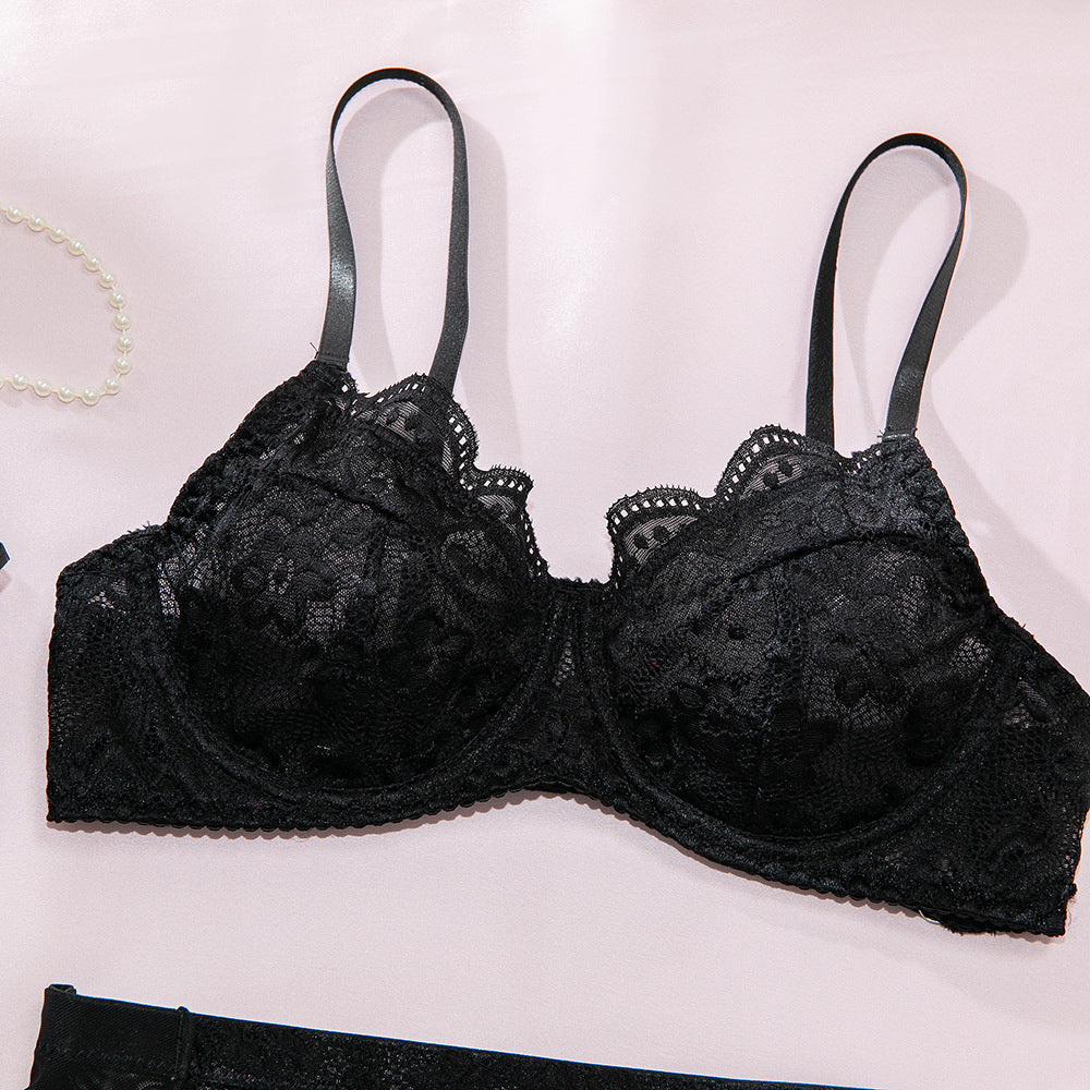 French Vintage Lace Frill Garter Belt High-Waist Sheer Lingerie Set