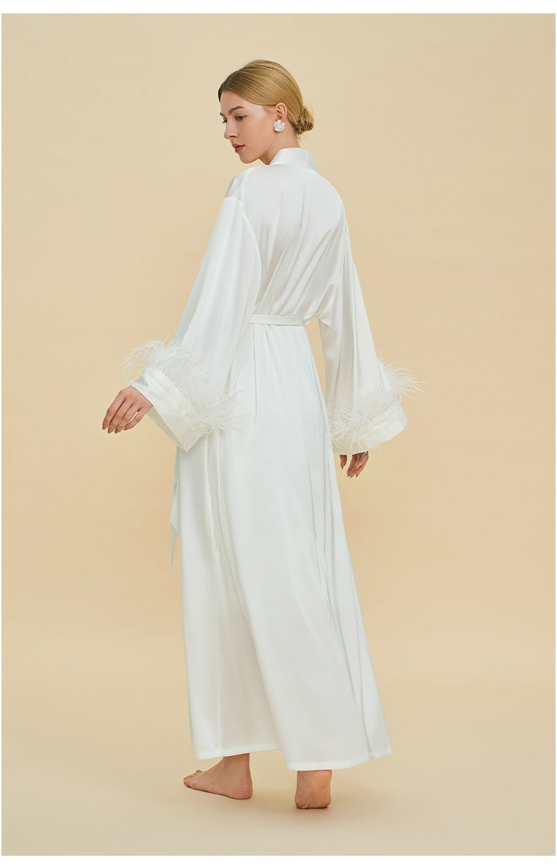 Ostrich Feather Cape Robe | Acetate Satin Luxury Loungewear