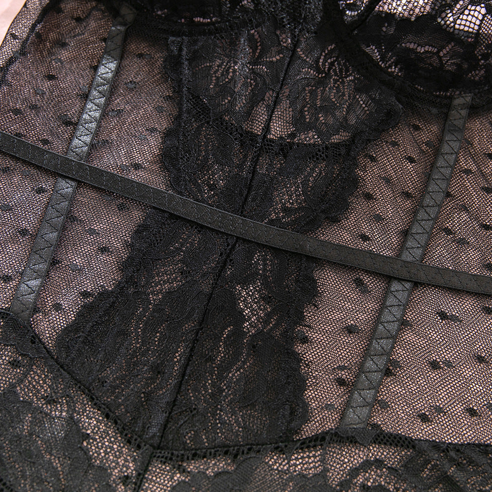 Black Lace Sheer Mesh Fitted Sleep Romper