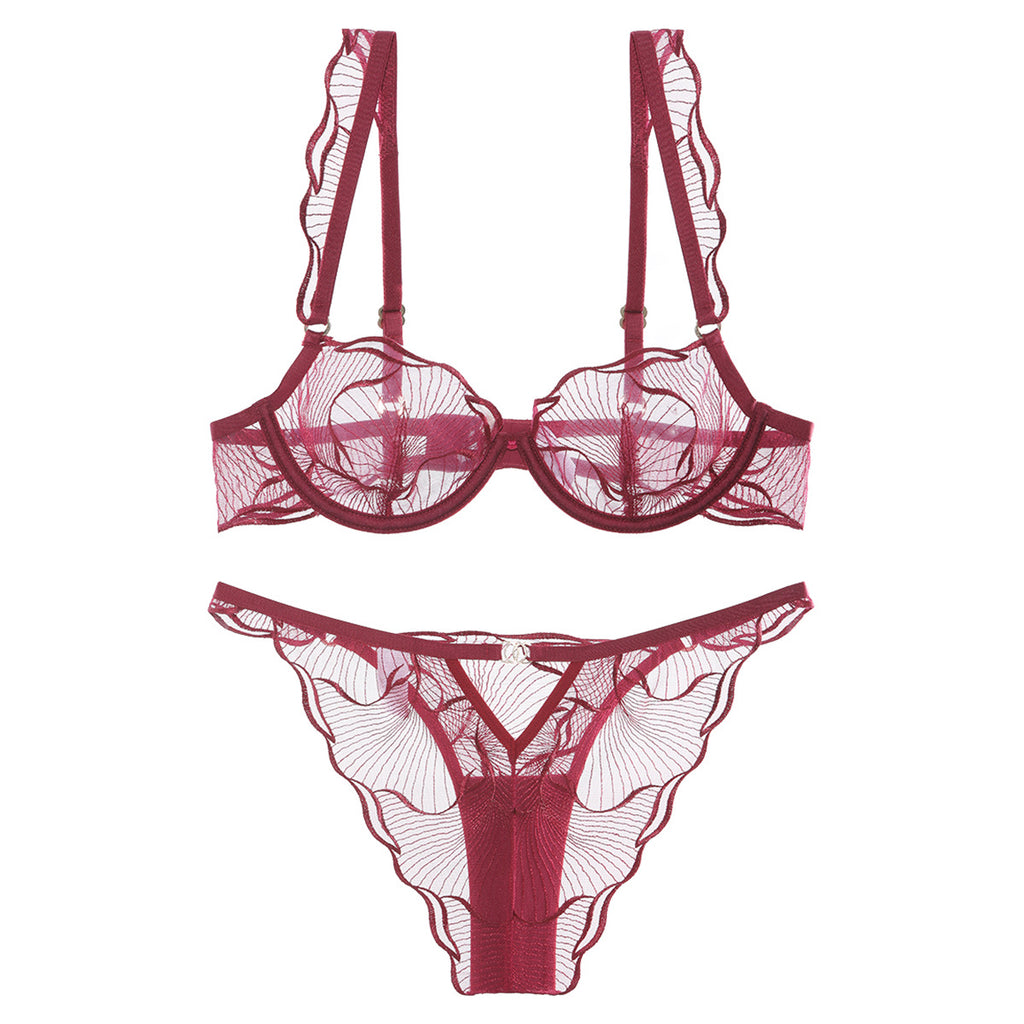 French Embroidered Lace Lingerie Set | Sheer Bra & Briefs | Burgundy White Black S-L
