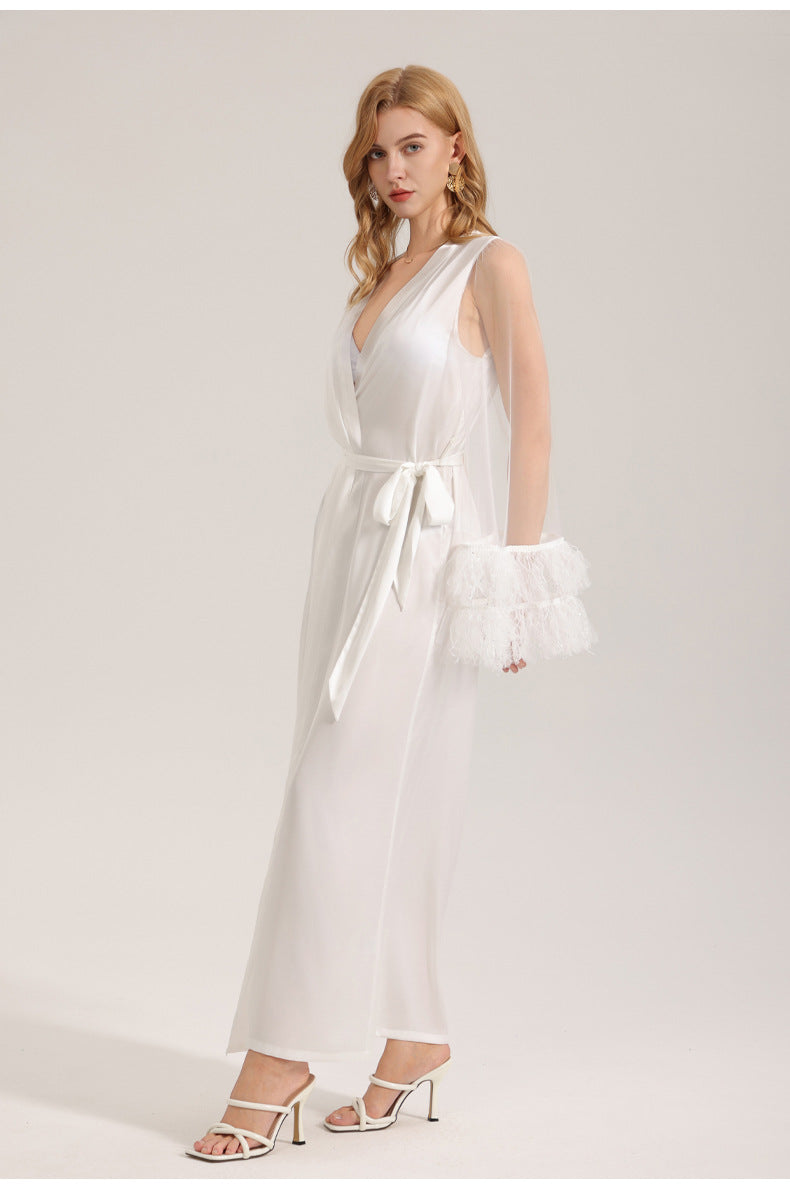 White Satin Mesh Long Robe | Sheer Kimono Nightgown