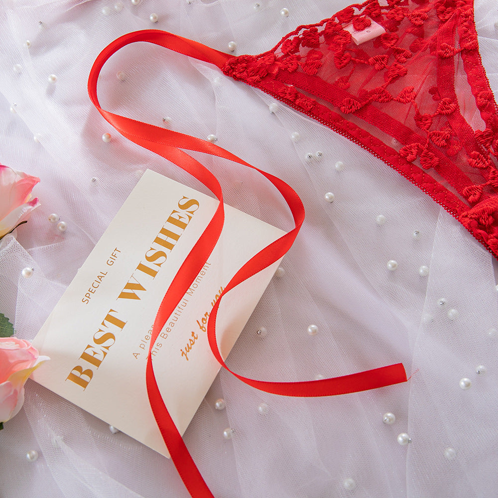 Embroidered Heart Cutout Bra Set