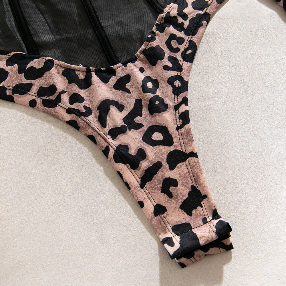 Leopard Print Sheer Mesh Bodysuit | Long Sleeve Shapewear Onesie