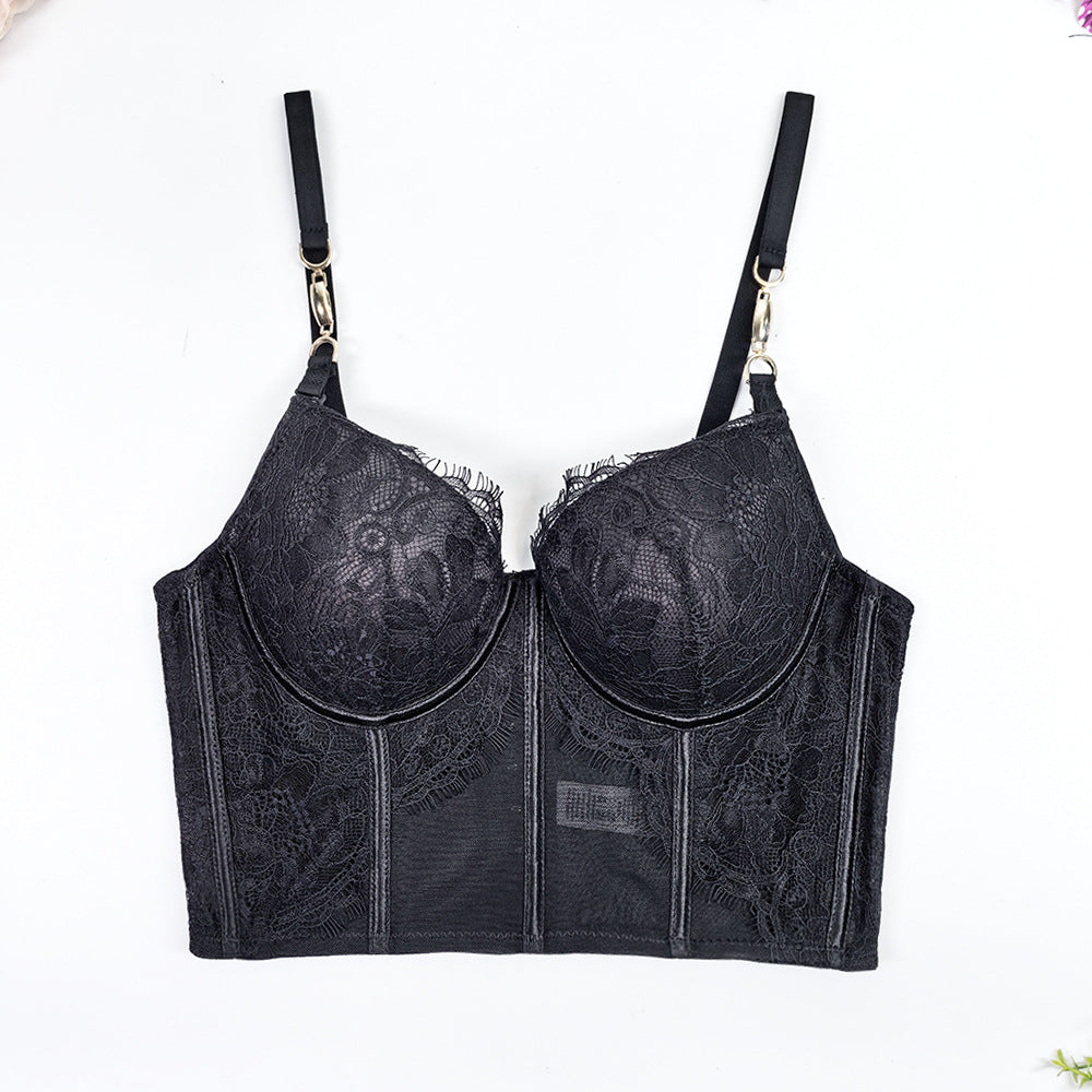 V-Neck Eyelash Lace Fishbone Corset Bra