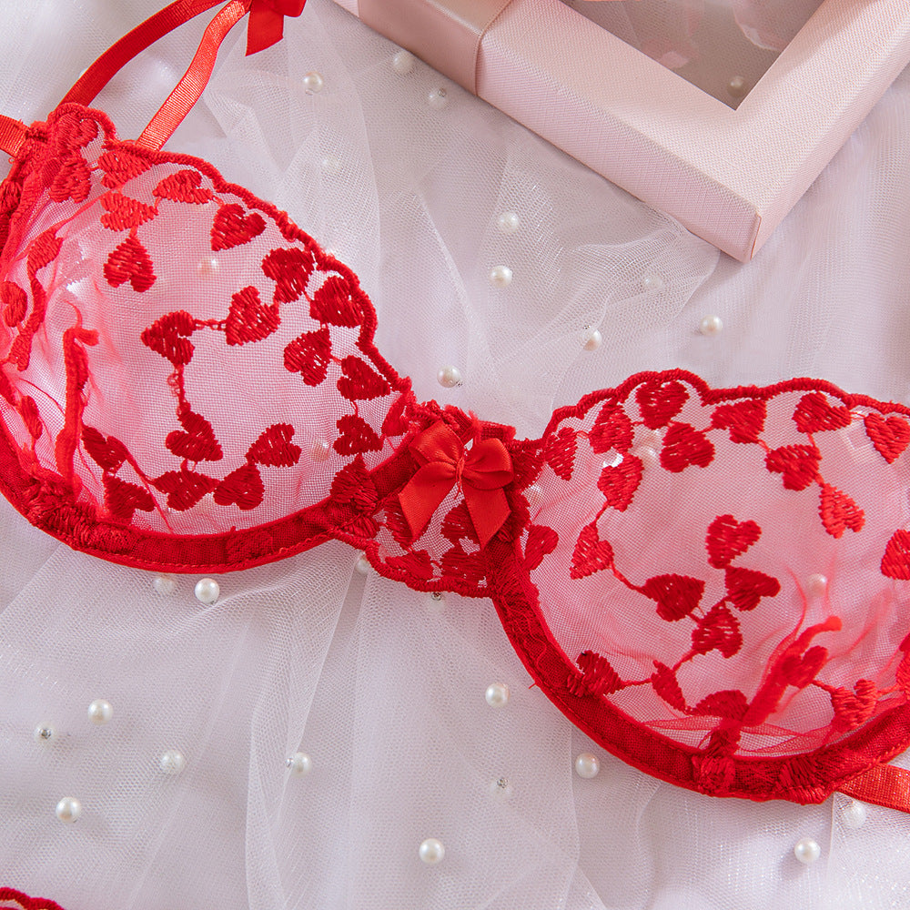 Embroidered Heart Cutout Bra Set