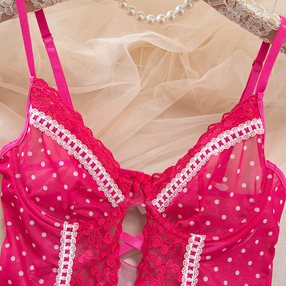 Rose Polka Dot Embroidery Patchwork Gathering Slip Dress with Stockings