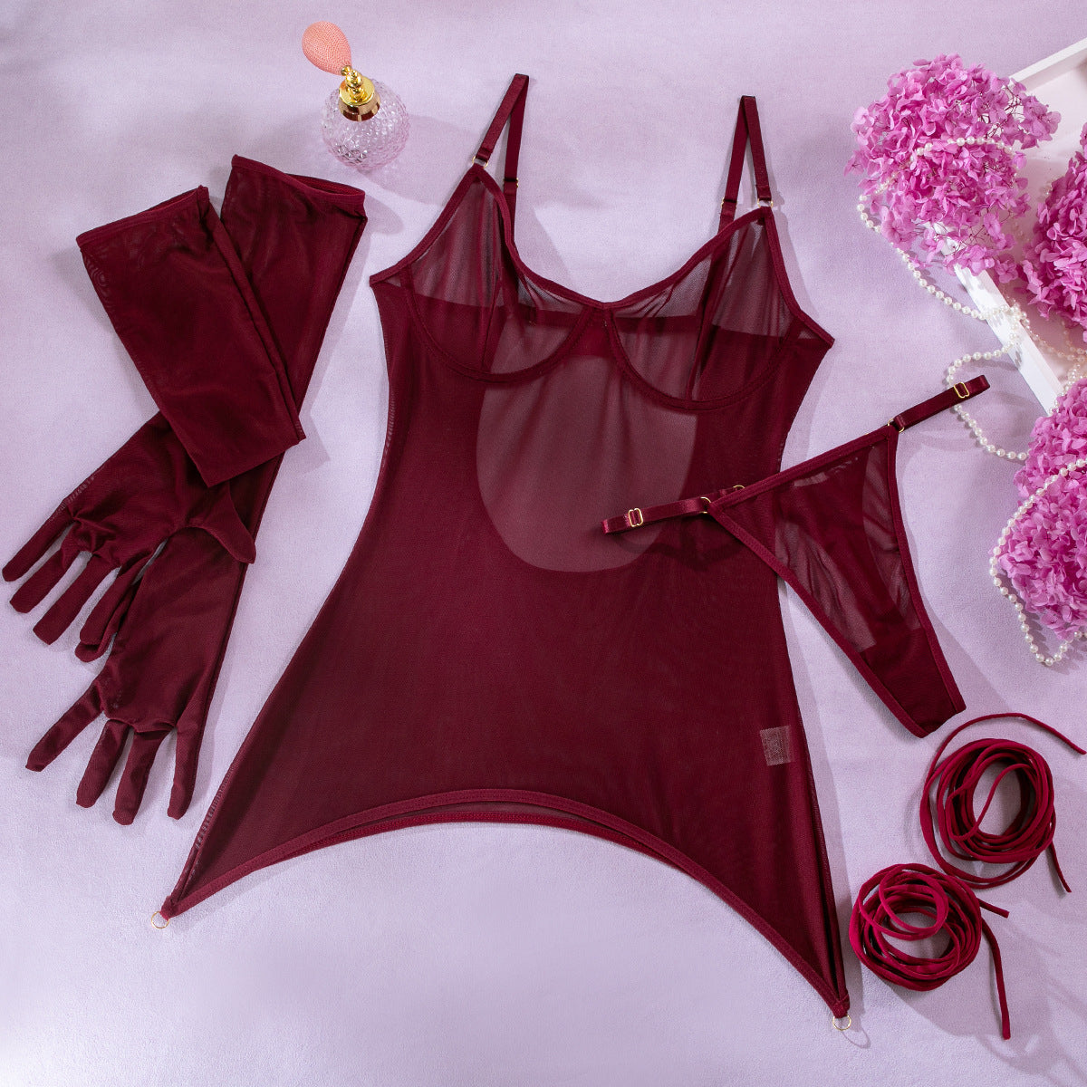 Sheer Mesh Backless Strap Glove Lingerie Set