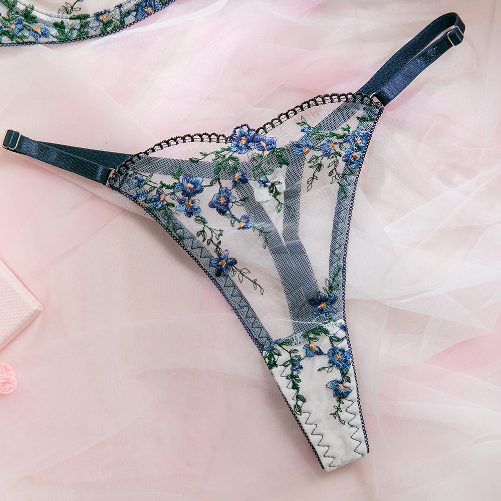 Lavender Floral Embroidery Bow Sheer Mesh Bra Set