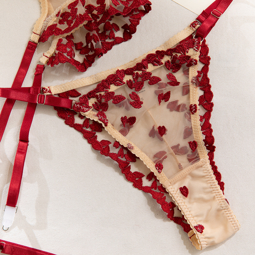 Red Floral Embroidery Sheer Lift Luxury Lingerie Set