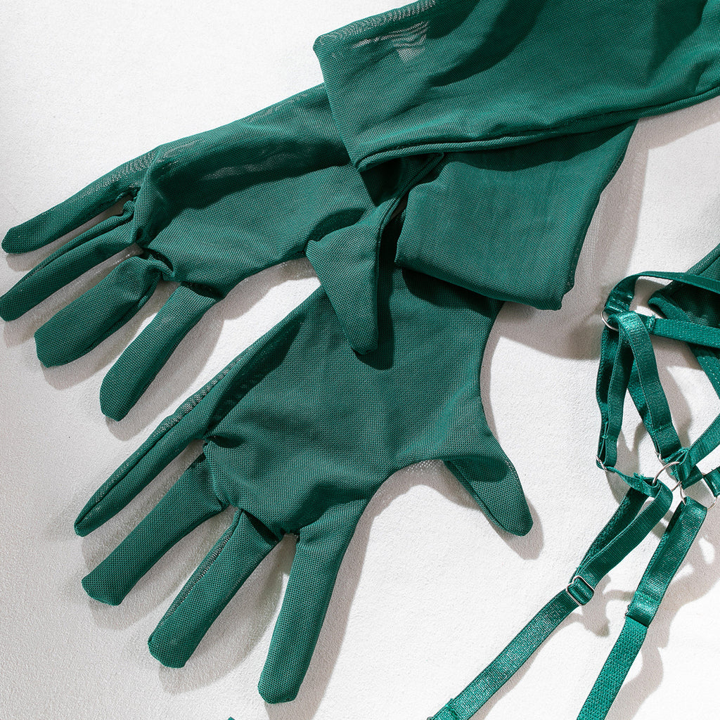 Strappy Patchwork Bodycon Gloves 3-Piece Lingerie Set