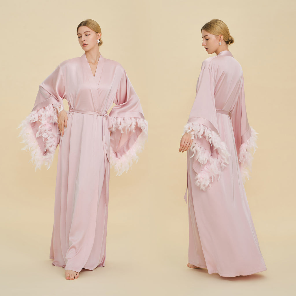 French Feather Trim Luxury Robe | Bridal & Bridesmaid Morning Gown