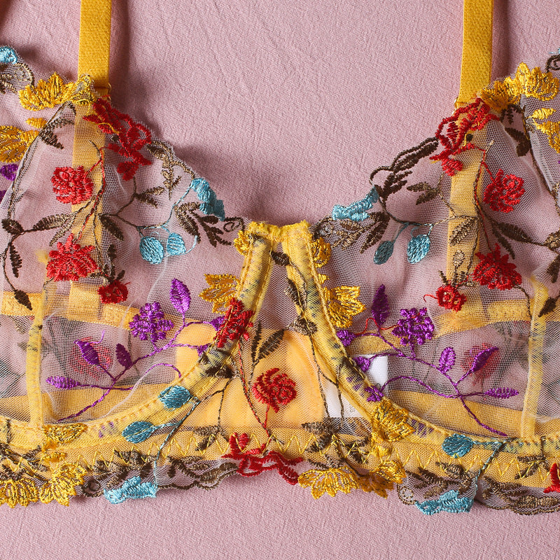 Sexy perspective yellow pastoral floral bra, garter belt thong with leg ring three-piece erotic underwear set