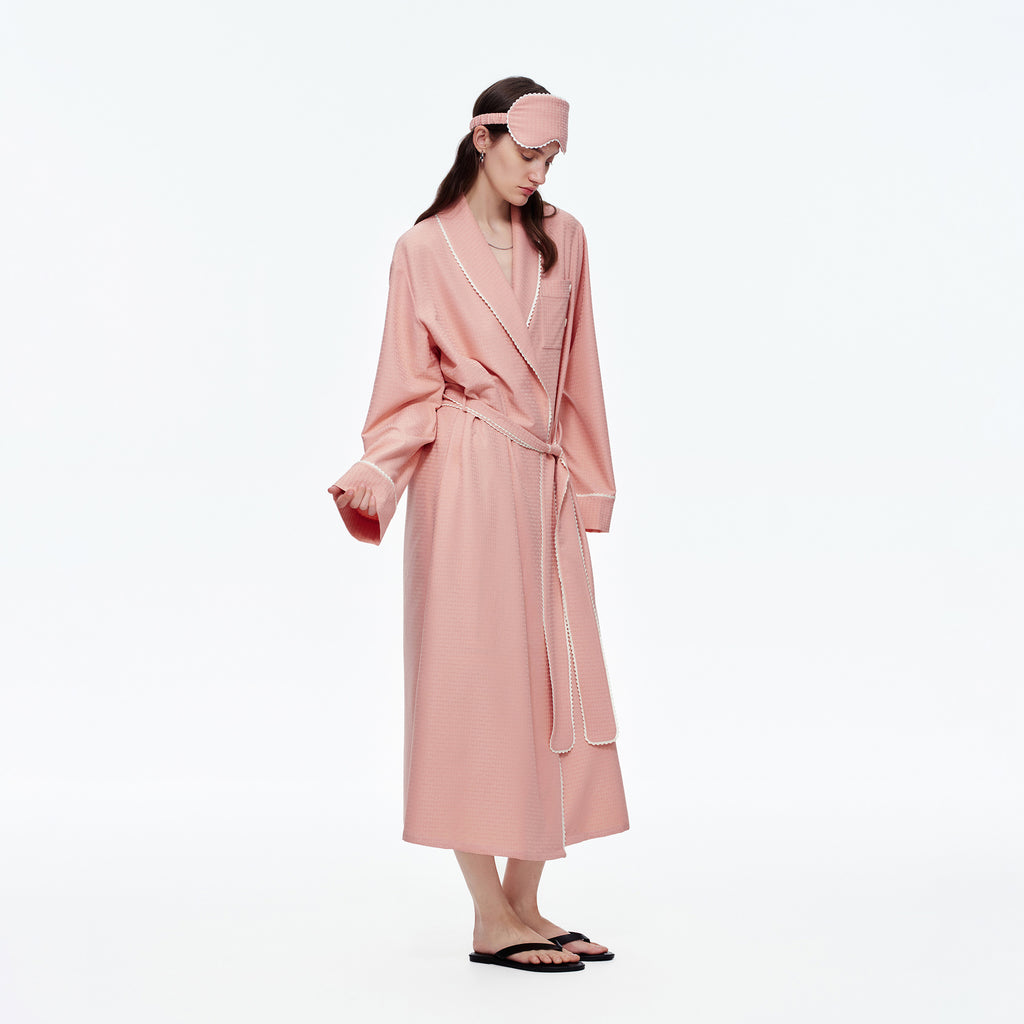 Stripe Waist-Tie Long Morning Robe | Soft Loungewear with Sleep Mask