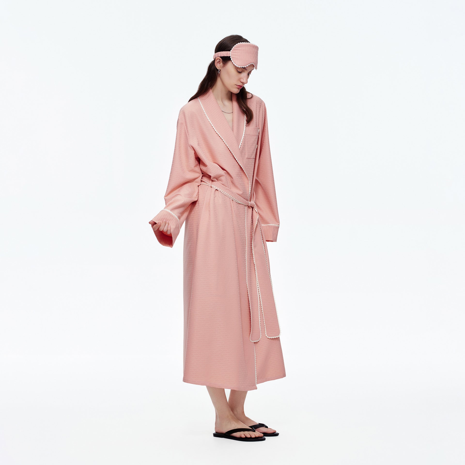 Stripe Waist-Tie Long Morning Robe | Soft Loungewear with Sleep Mask