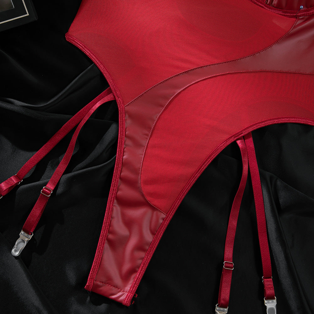 PU Leather & Mesh Halter Neck Bodysuit | Sheer Slim-Fit Onesie