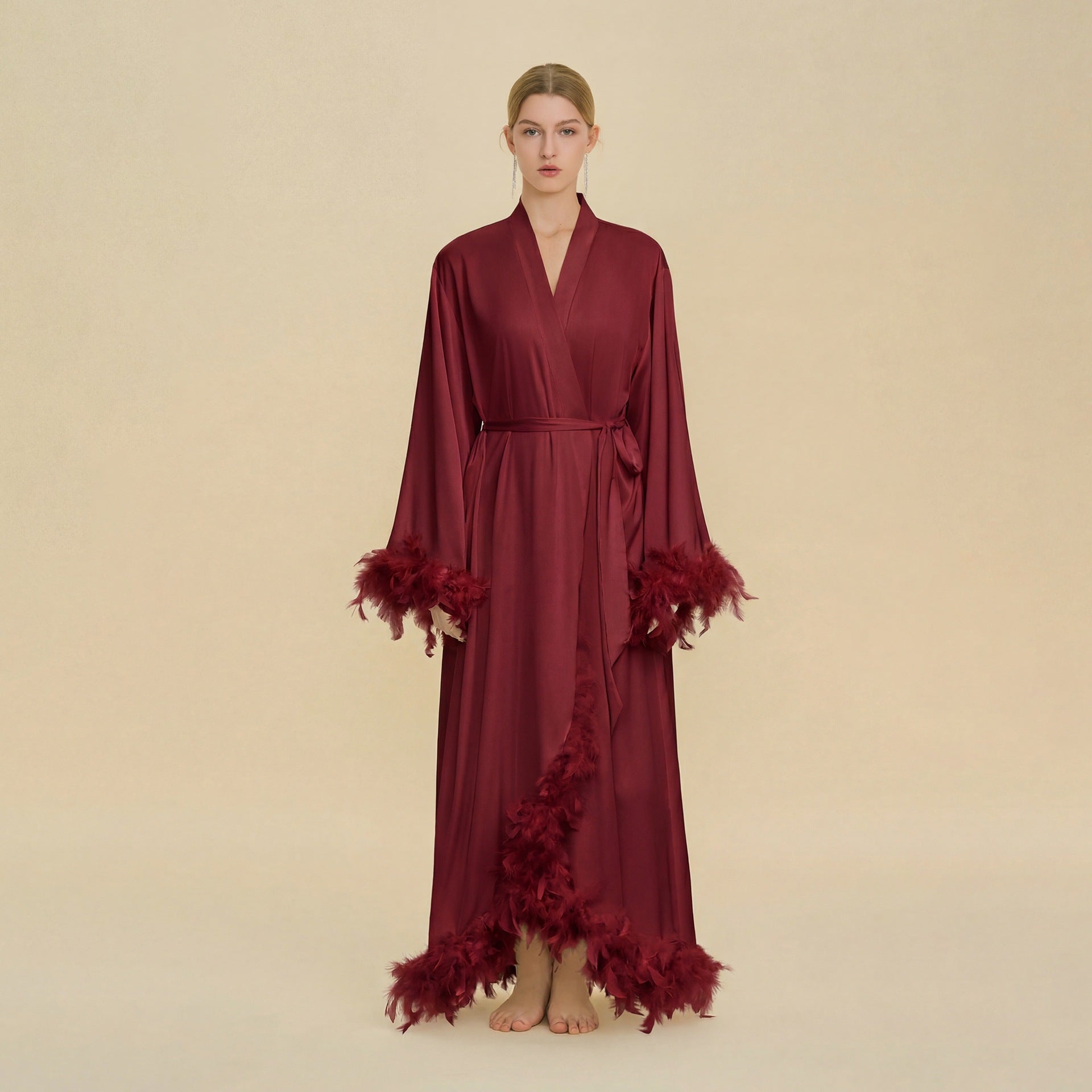 Feather Trim Trailing Long Morning Robe | Luxury Nightgown Robe