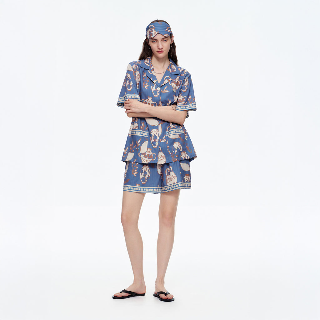 Jacquard Satin Shorts & Short-Sleeve Pajama Set — Luxury Loungewear