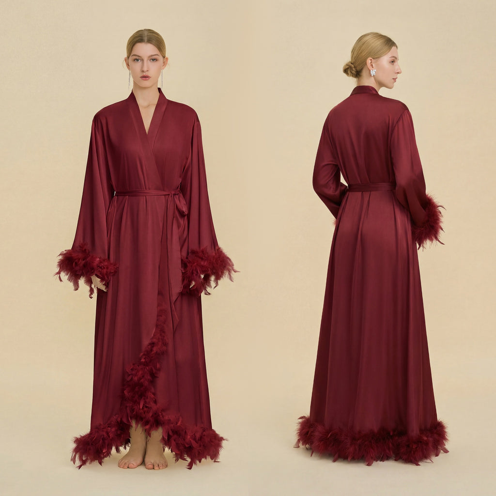 Feather Trim Trailing Long Morning Robe | Luxury Nightgown Robe