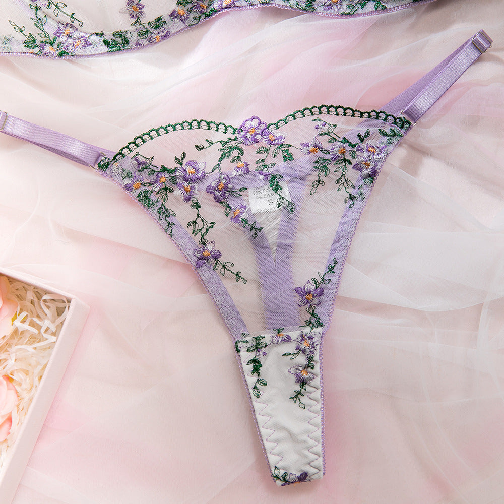 Lavender Floral Embroidery Bow Sheer Mesh Bra Set