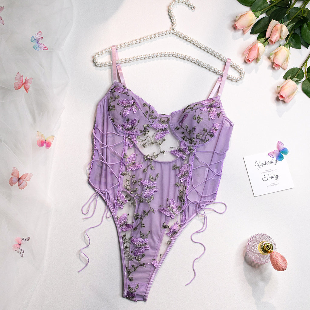 Butterfly Embroidery Slim Fit Bodysuit