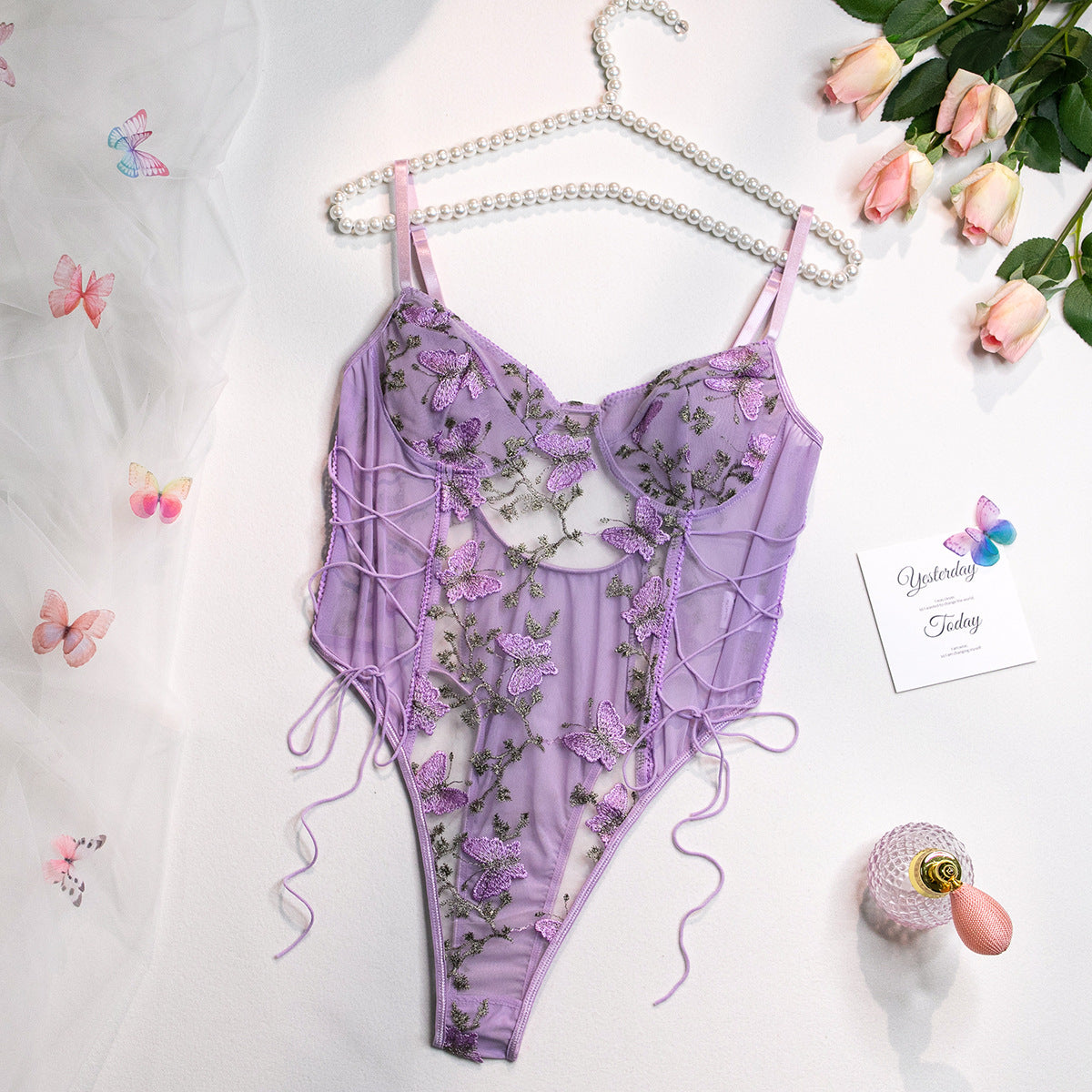 Butterfly Embroidery Slim Fit Bodysuit