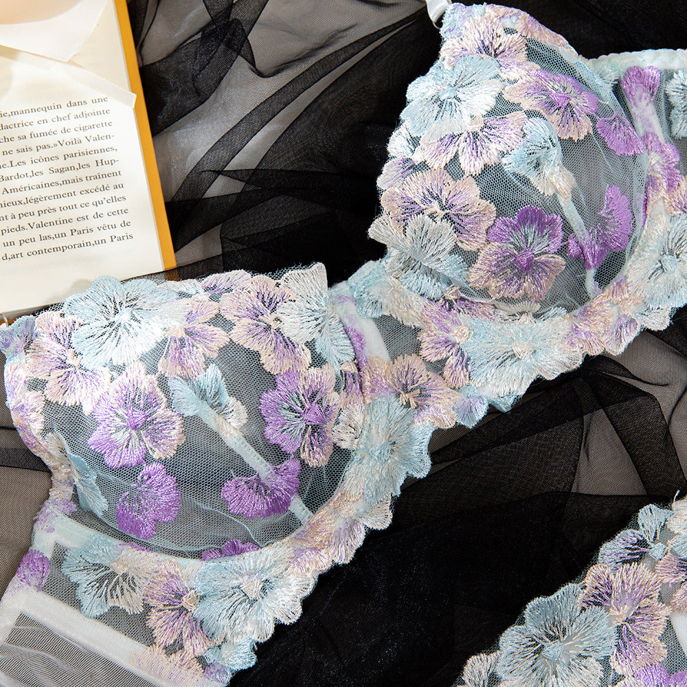 Blue & White Embroidery Sling Mesh Underwire Lift Bra Set