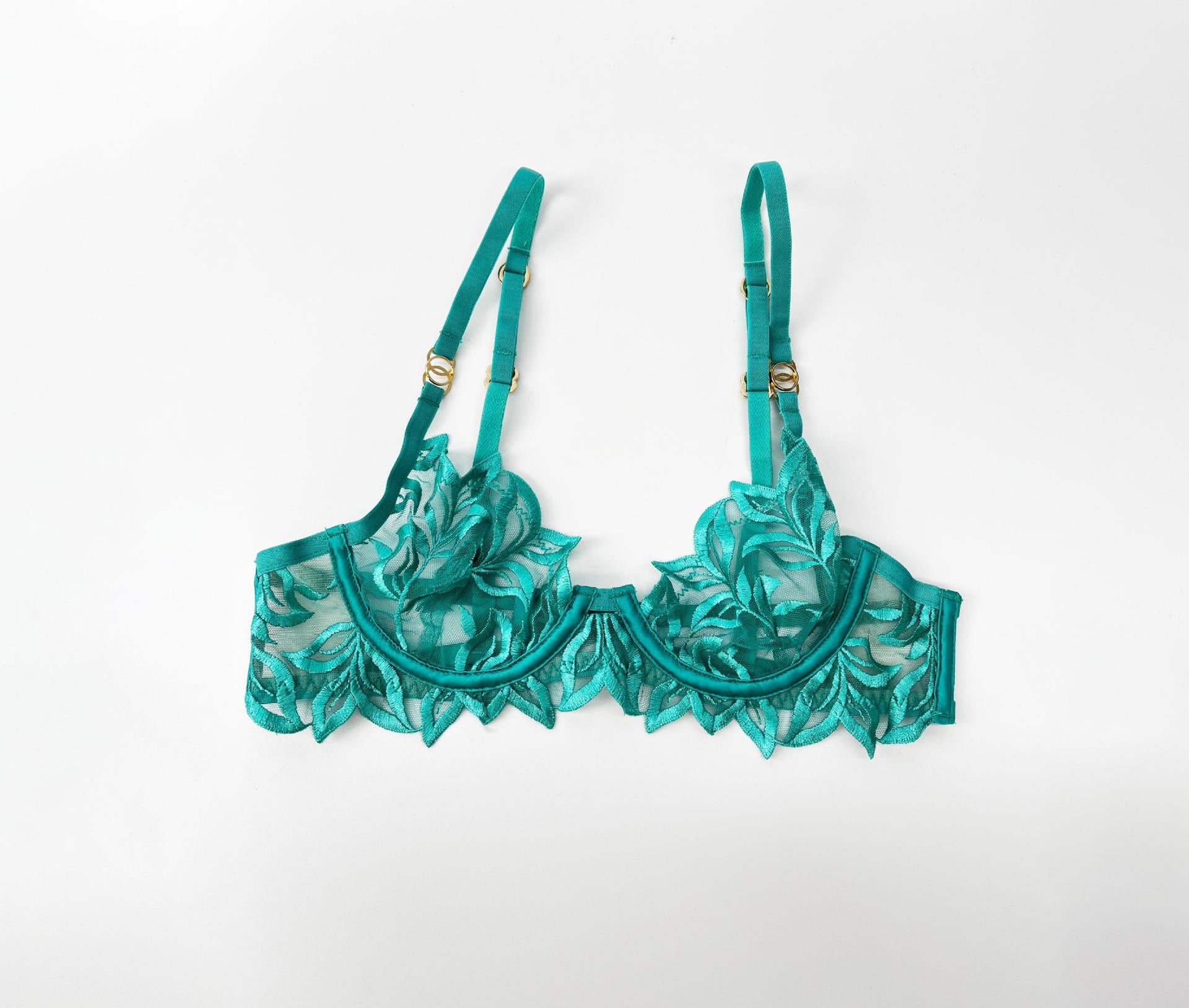 Embroidery Lace Anti-Sag Bra Set – Sheer, Full Coverage, with Thong