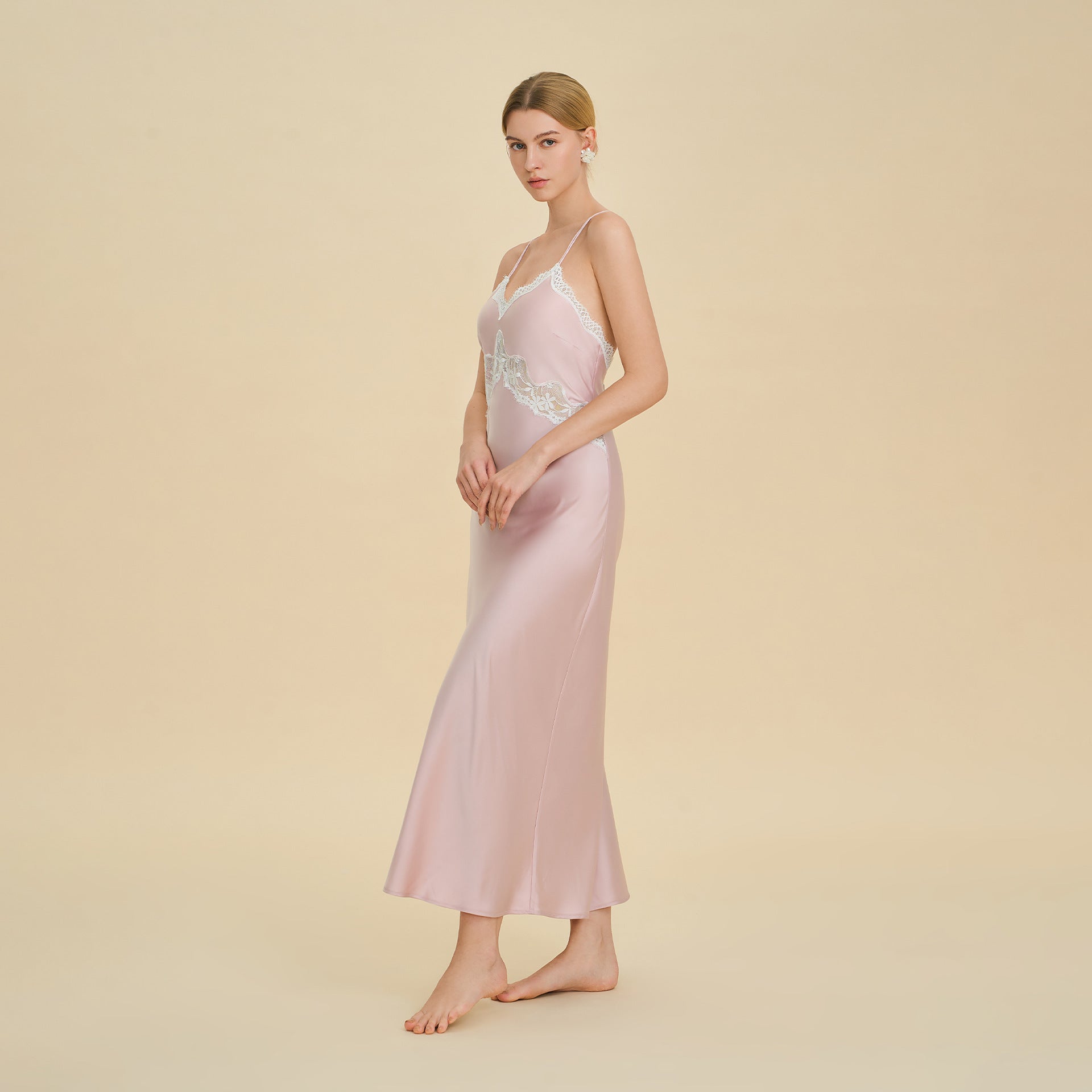 Lace Splice Deep V Off-Shoulder Nightgown | Backless Sexy Loungewear
