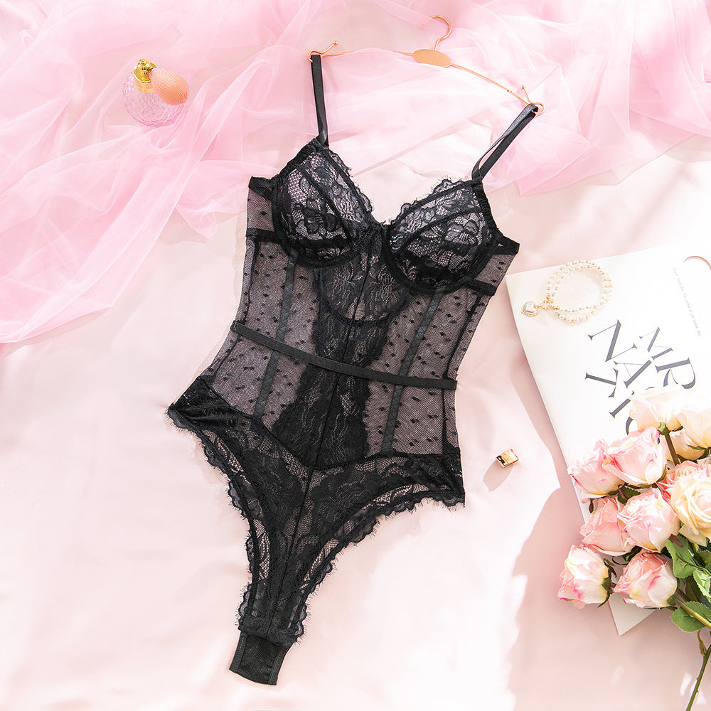 Black Lace Sheer Mesh Fitted Sleep Romper