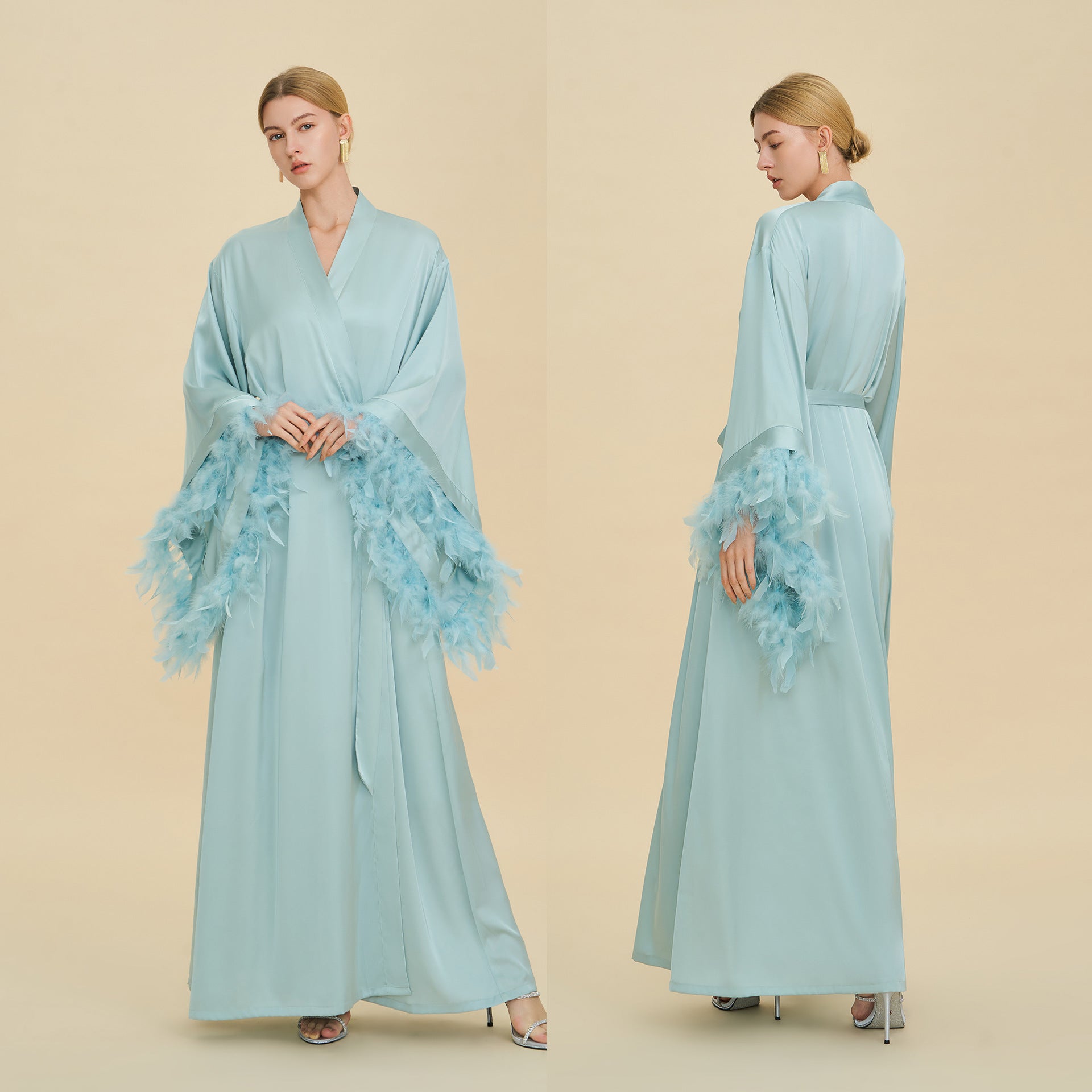 French Feather Trim Luxury Robe | Bridal & Bridesmaid Morning Gown