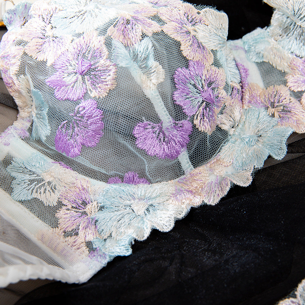 Blue & White Embroidery Sling Mesh Underwire Lift Bra Set