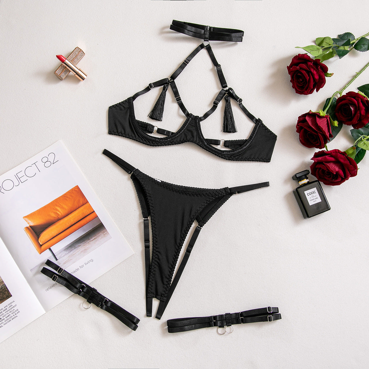 Hollow Tassel Open Lingerie Set