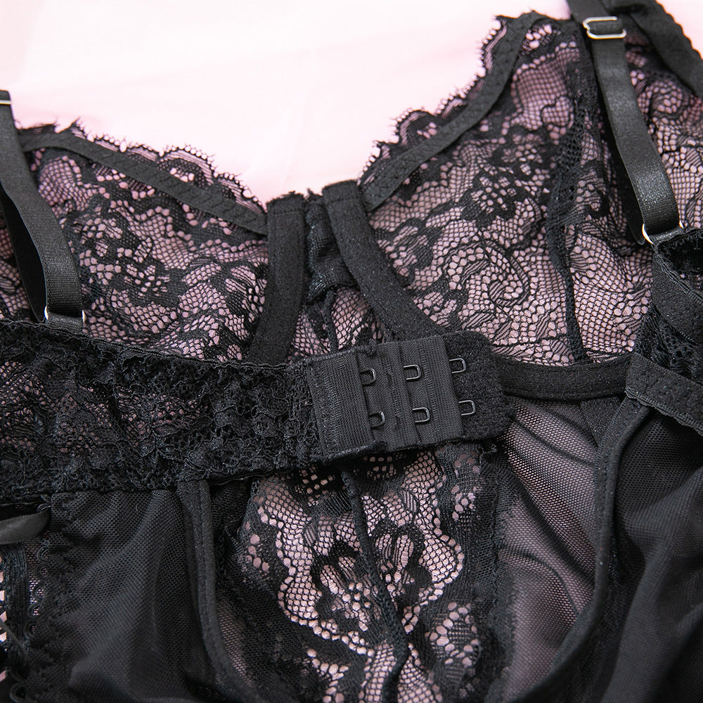 Lace Mesh Underwire Bodysuit with Stockings