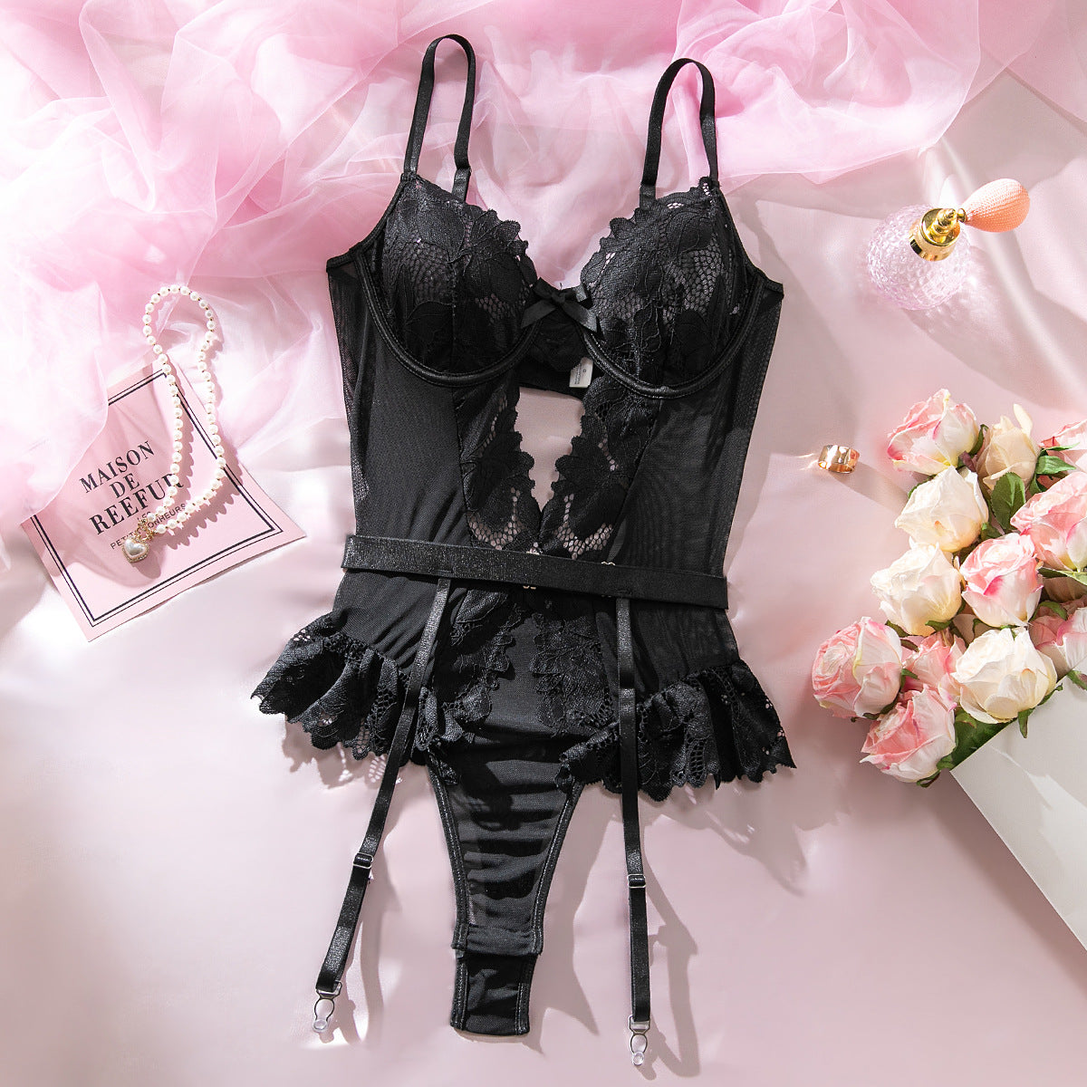 Lace Frill Mesh Waist-Cinching Bodysuit with Silk Stockings