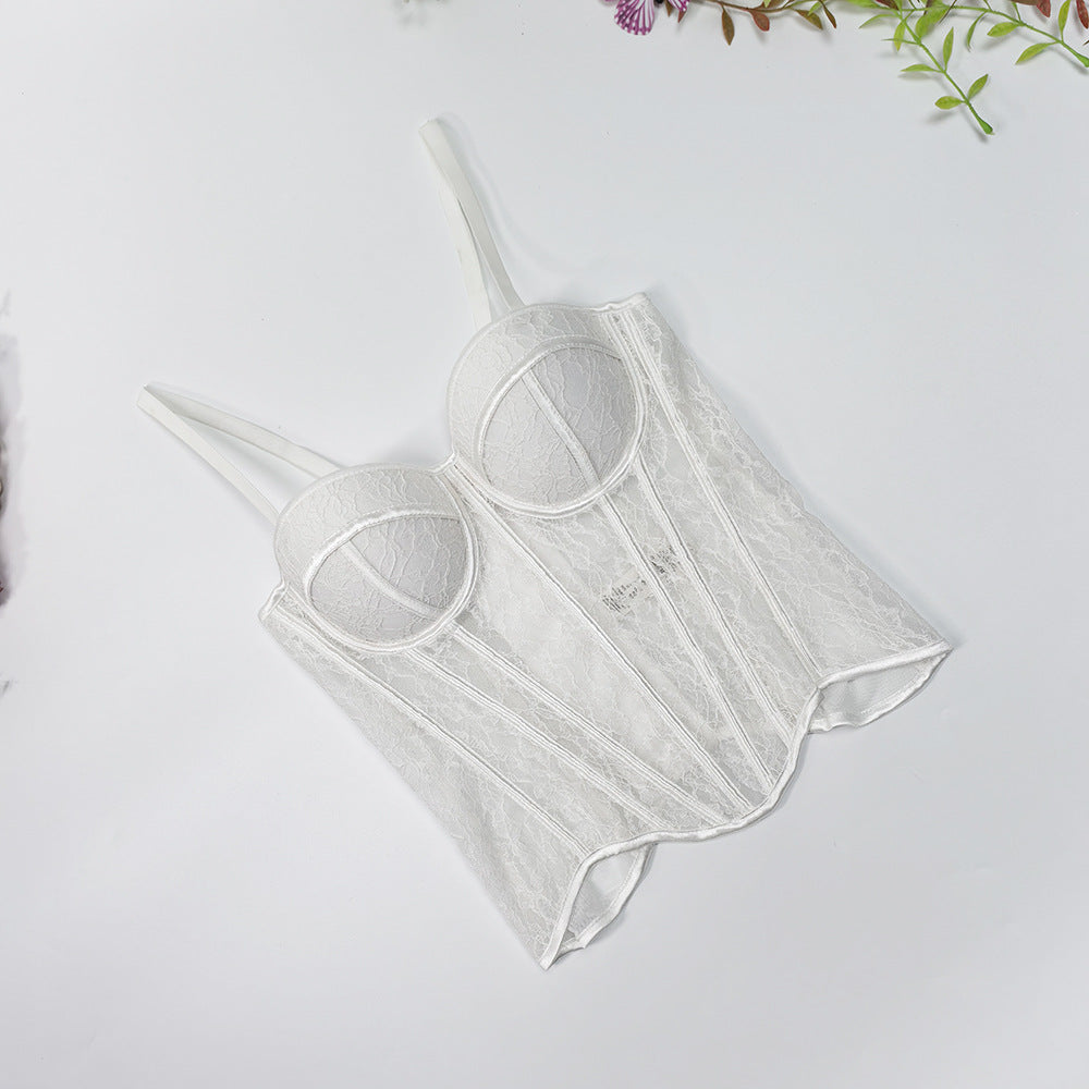 Mesh Off-Shoulder Lace Fishbone Corset Bra