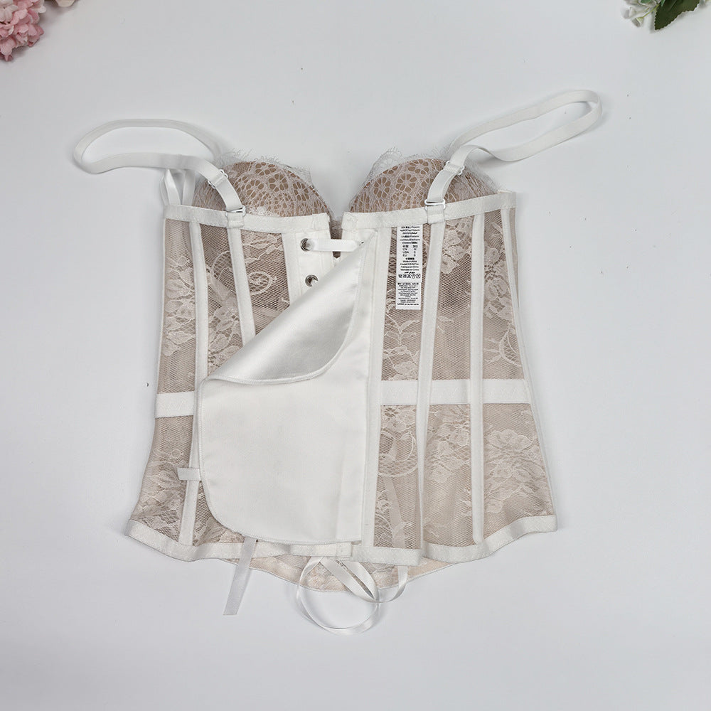 Solid Lace Off-Shoulder Fishbone Corset Bra