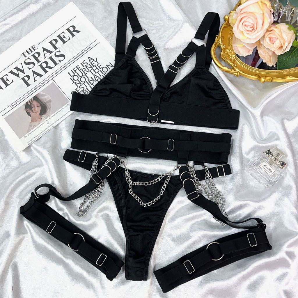 Metal Chain Hollow Bra & Leg Sock Set – Bundled, 4-Piece