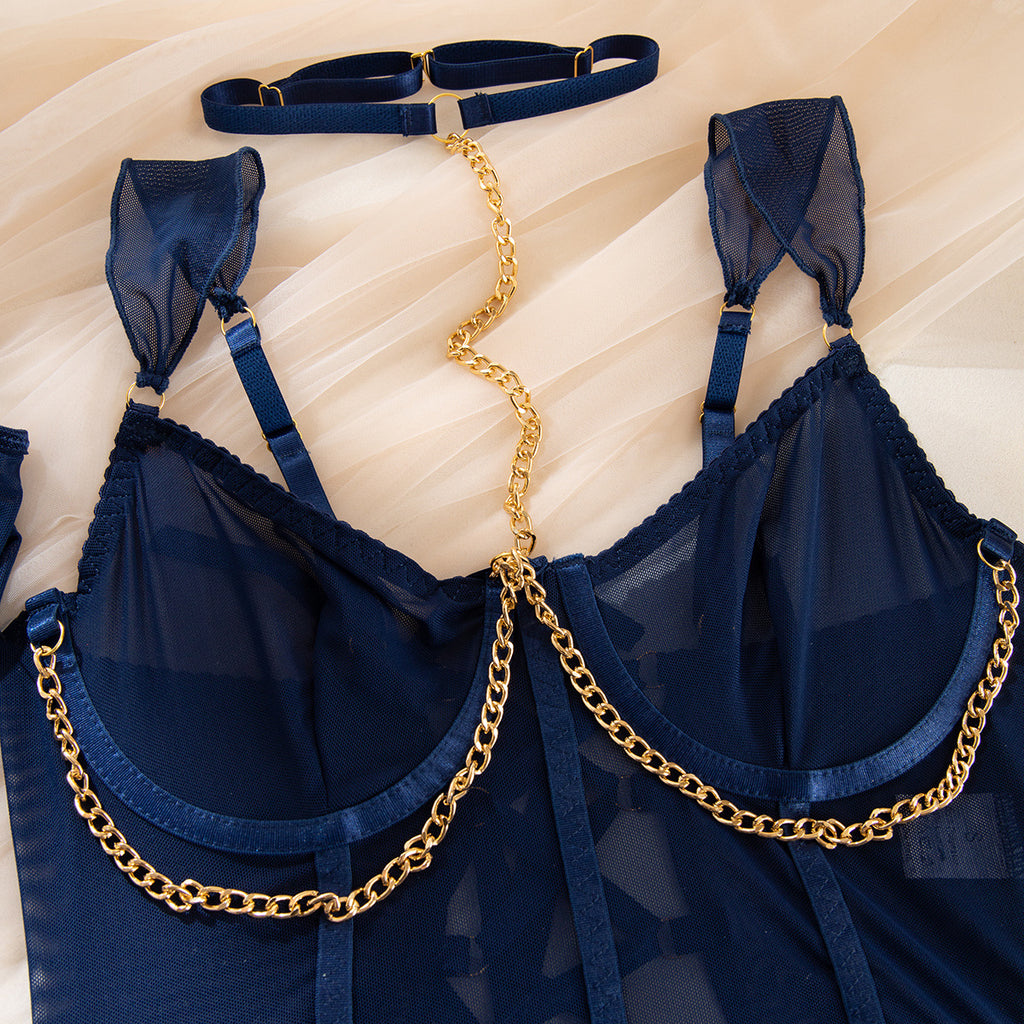 Sheer Mesh Skirt Chain Halter Glove