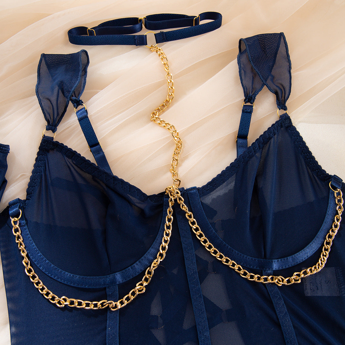 Sheer Mesh Skirt Chain Halter Glove
