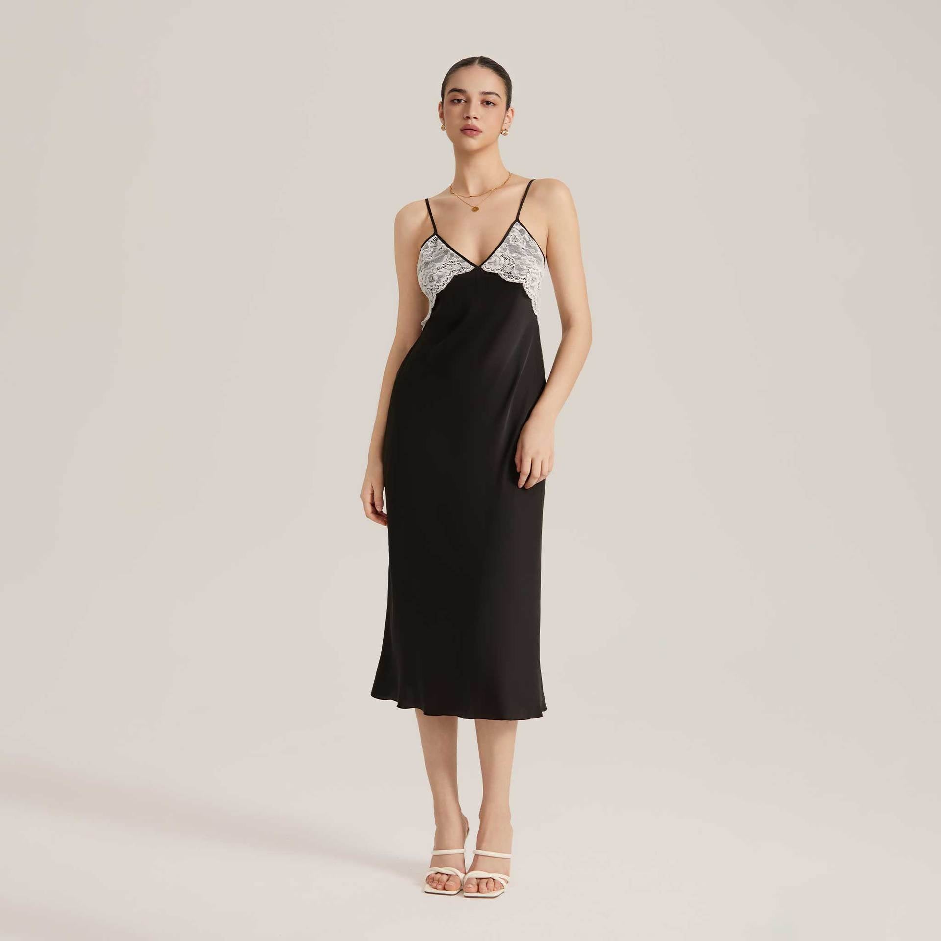 Lace Splice Satin Chiffon Backless Spaghetti Strap Nightdress — Sexy Loungewear