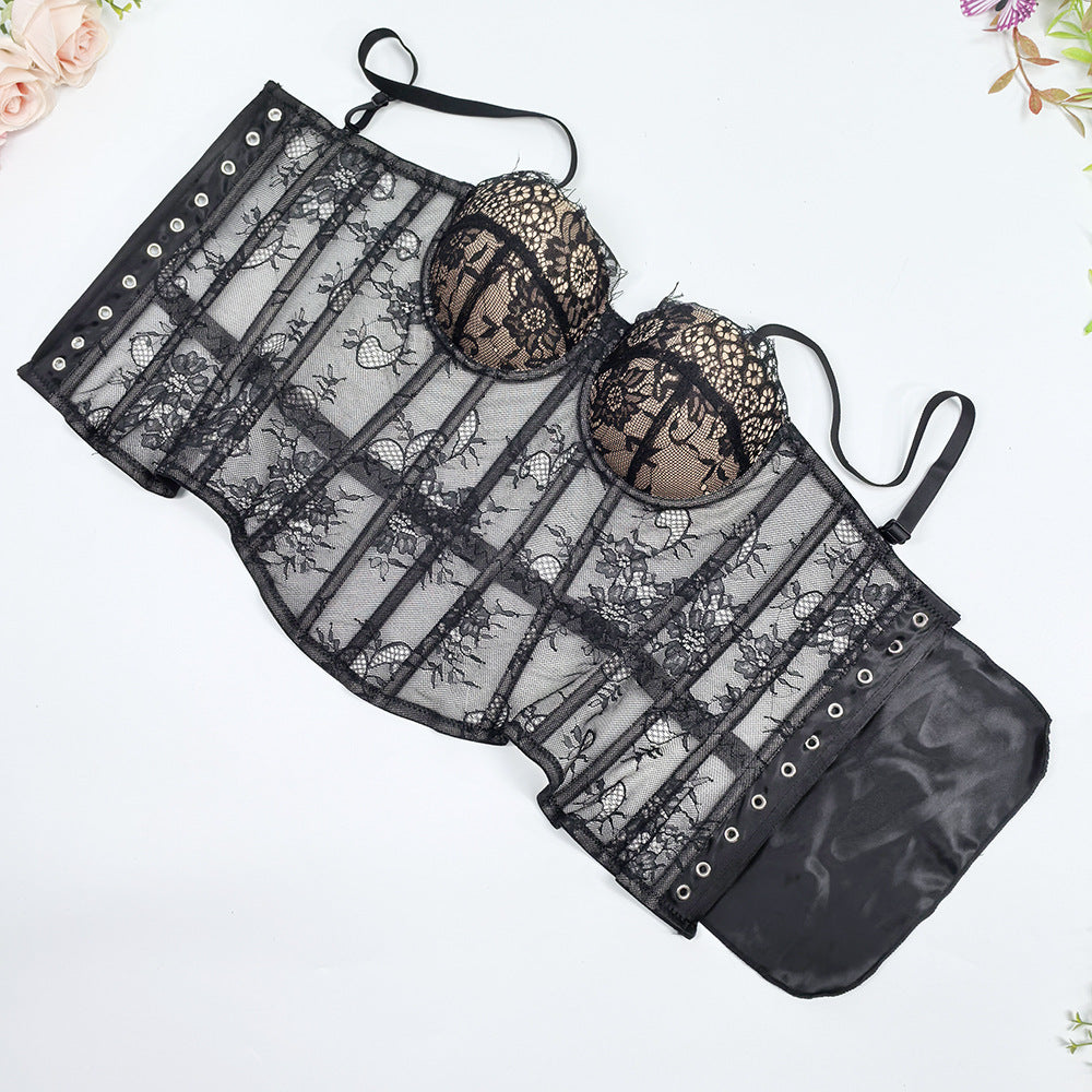 Solid Lace Off-Shoulder Fishbone Corset Bra