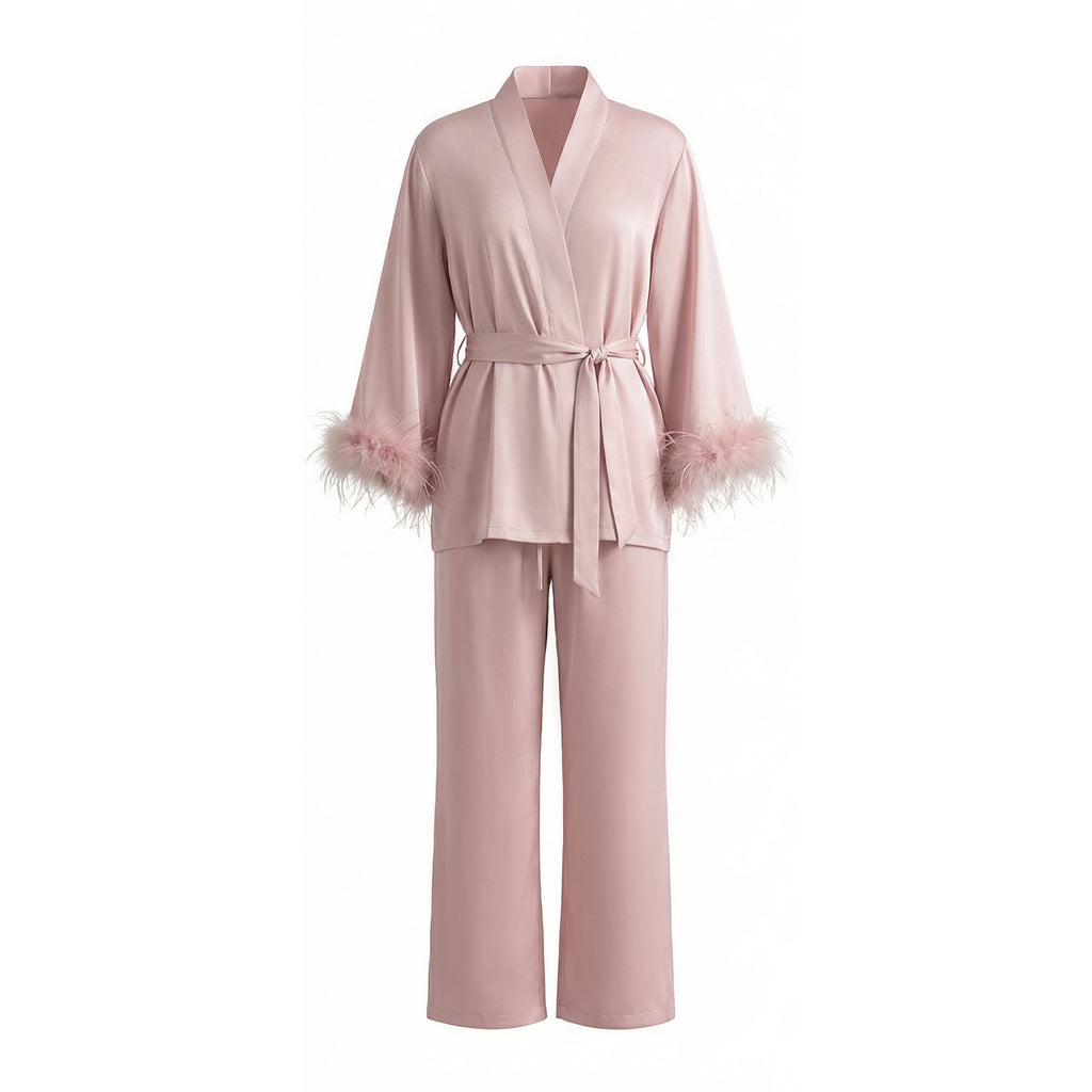 Feather Trim Long Sleeve Pajama Set | Detachable Luxury Loungewear