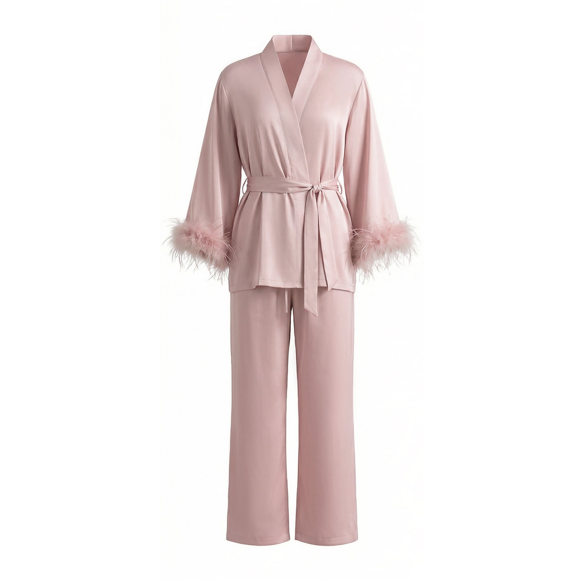 Feather Trim Long Sleeve Pajama Set | Detachable Luxury Loungewear