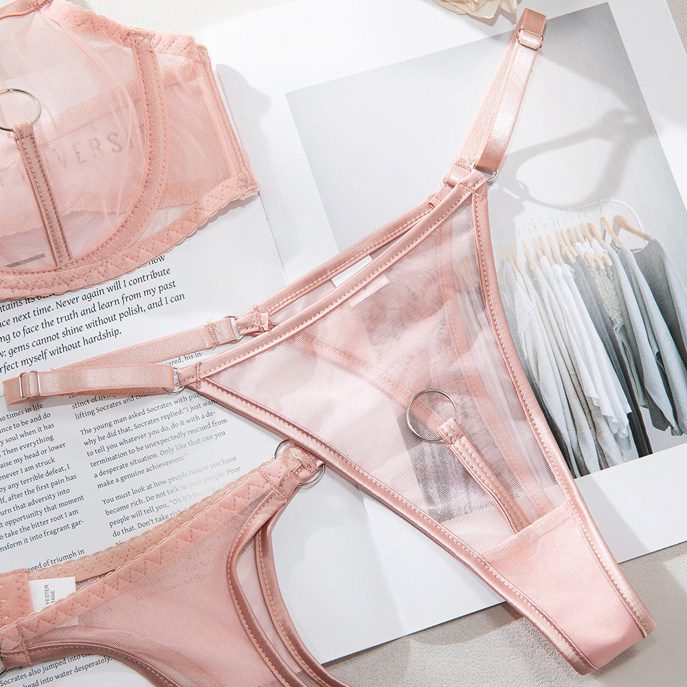 Sheer Mesh Gathering Bra Lingerie Set with Body Chain Accessories