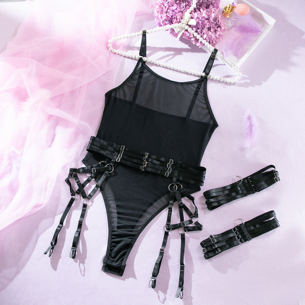 Noir Mesh Strap Splice Sheer Lingerie Set