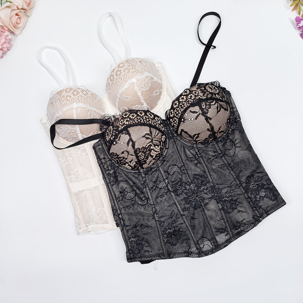 Solid Lace Off-Shoulder Fishbone Corset Bra