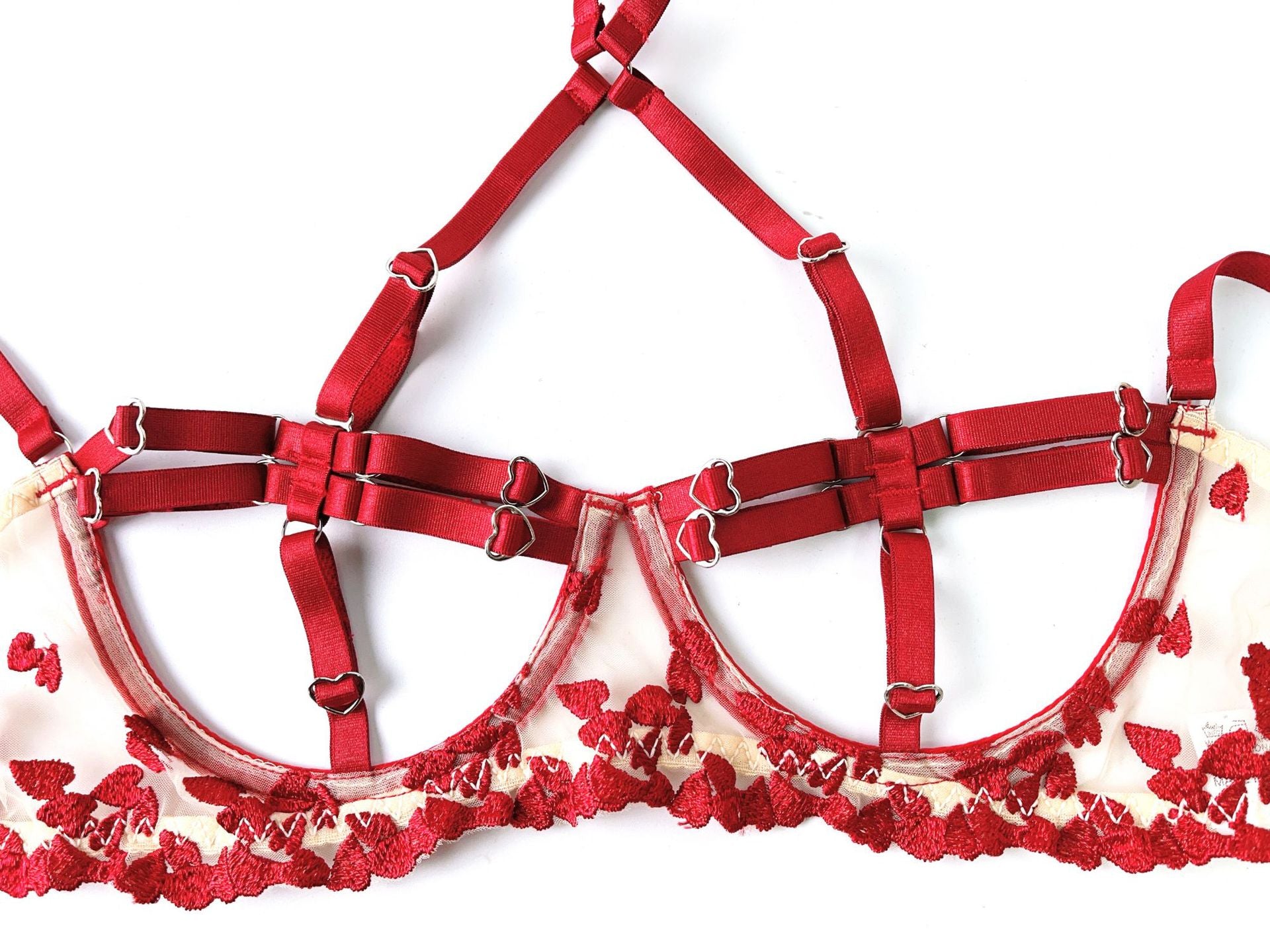 Milk Silk & Mesh Love Embroidery Lingerie Set | Five-Piece Contrast