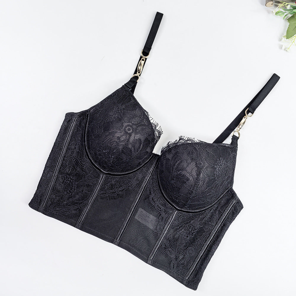 V-Neck Eyelash Lace Fishbone Corset Bra